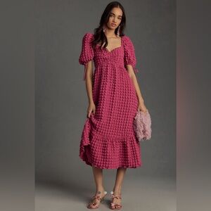 Anthropologie Endless Rose Puff-Sleeve Sweetheart Textured Midi Dress, Medium